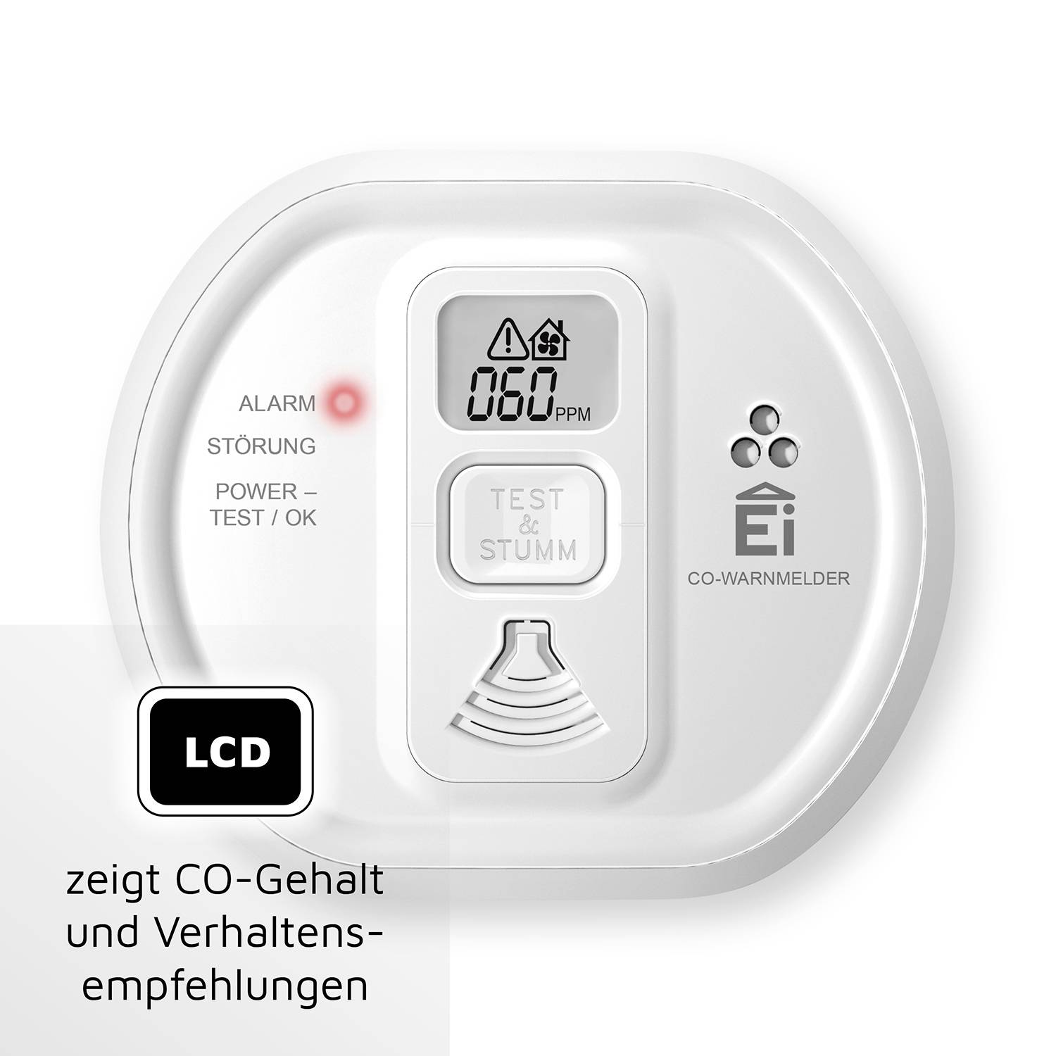 CO hlásič so signalizáciou na LCD displeji ukazuje 60 ppm. Vľavo svieti červená LED kontrolka v časti 'ALARM PORUCHA'. Tlačidlá pre 'TEST & STLMIŤ'.