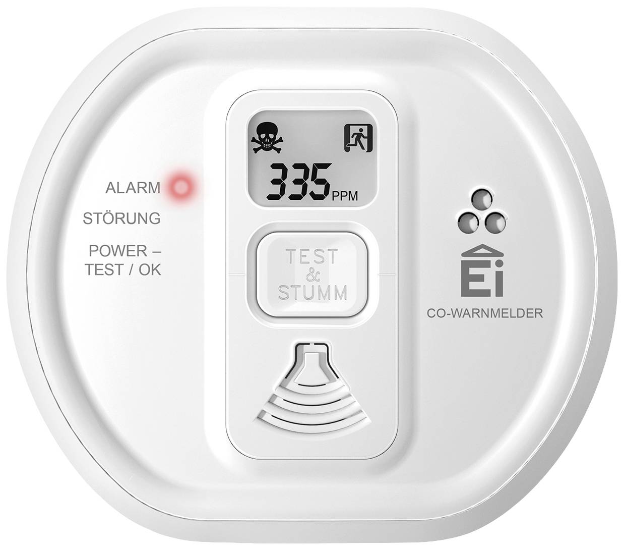 Detektor oxidu uhoľnatého ukazuje alarm červeným svetlom a hodnotou 335 ppm na displeji, so symbolmi nebezpečenstva a funkcií.