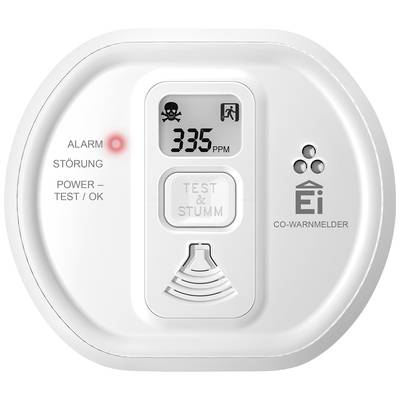 Detektor oxidu uhoľnatého ukazuje alarm červeným svetlom a hodnotou 335 ppm na displeji, so symbolmi nebezpečenstva a funkcií.