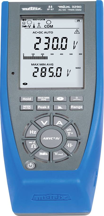 Digitálny multimeter s displejom zobrazuje 230 voltov AC-DC. Má tlačidlá pre rôzne funkcie, ako sú napätie, odpor a frekvencia.