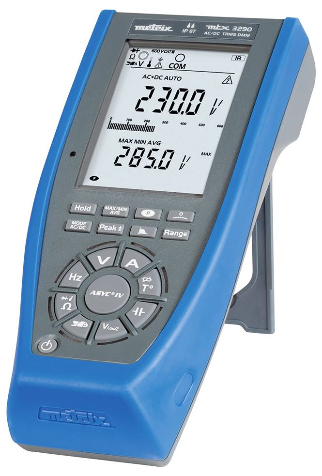 Modré multimeter s digitálnym displejom ukazuje napätie 230 V. Má početné tlačidlá na nastavenie a meranie.