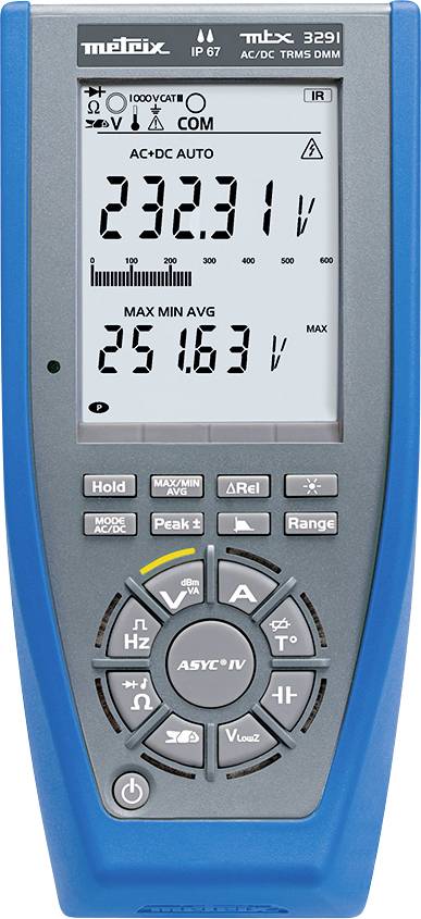 Ručný multimeter s digitálnym displejom, zobrazuje napätie 232,31 voltov. Ovládanie pomocou tlačidiel pre rôzne meracie funkcie a nastavenia.