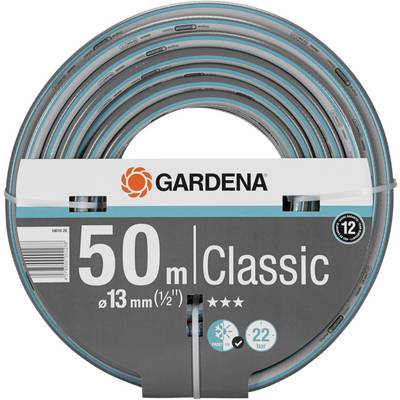 Záhradná hadica od Gardeny, 50 metrov dlhá, priemer 13 mm, model Classic, vhodná pre vodný tlak až do 22 barov.