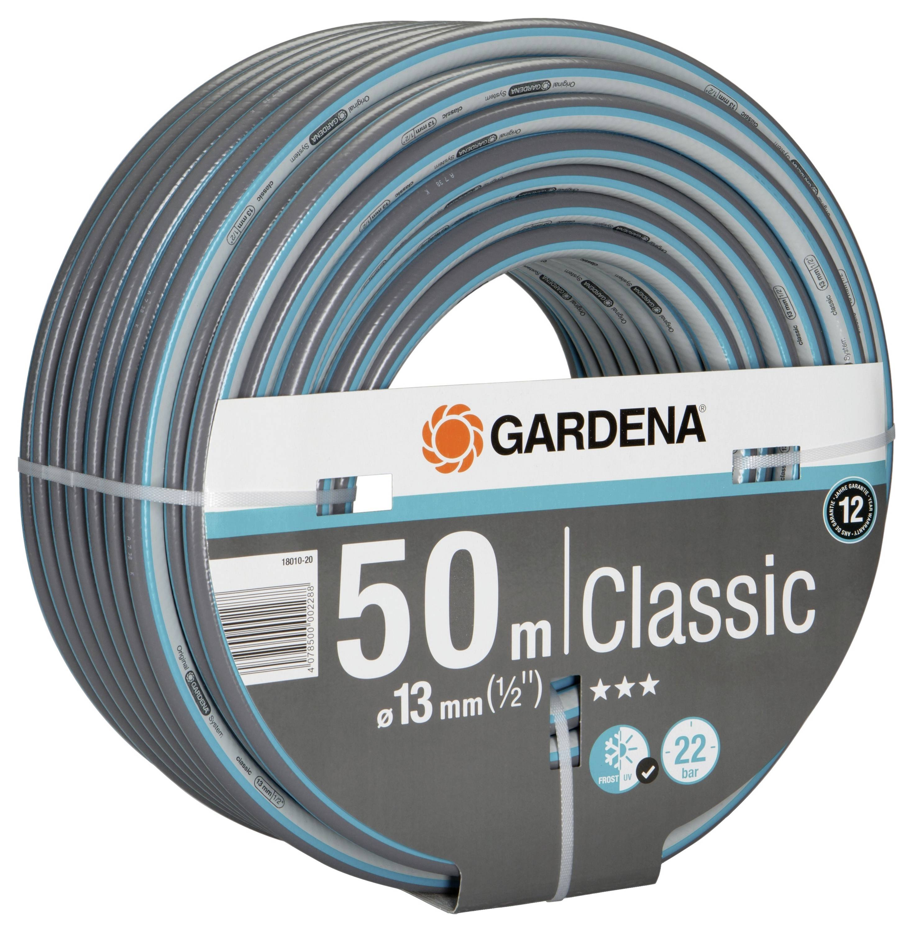 Záhradná hadica Gardena, model 'Classic', 50 metrov dlhá, priemer 13 mm, vhodná pre teploty až do -22 stupňov, 12-ročná záruka.