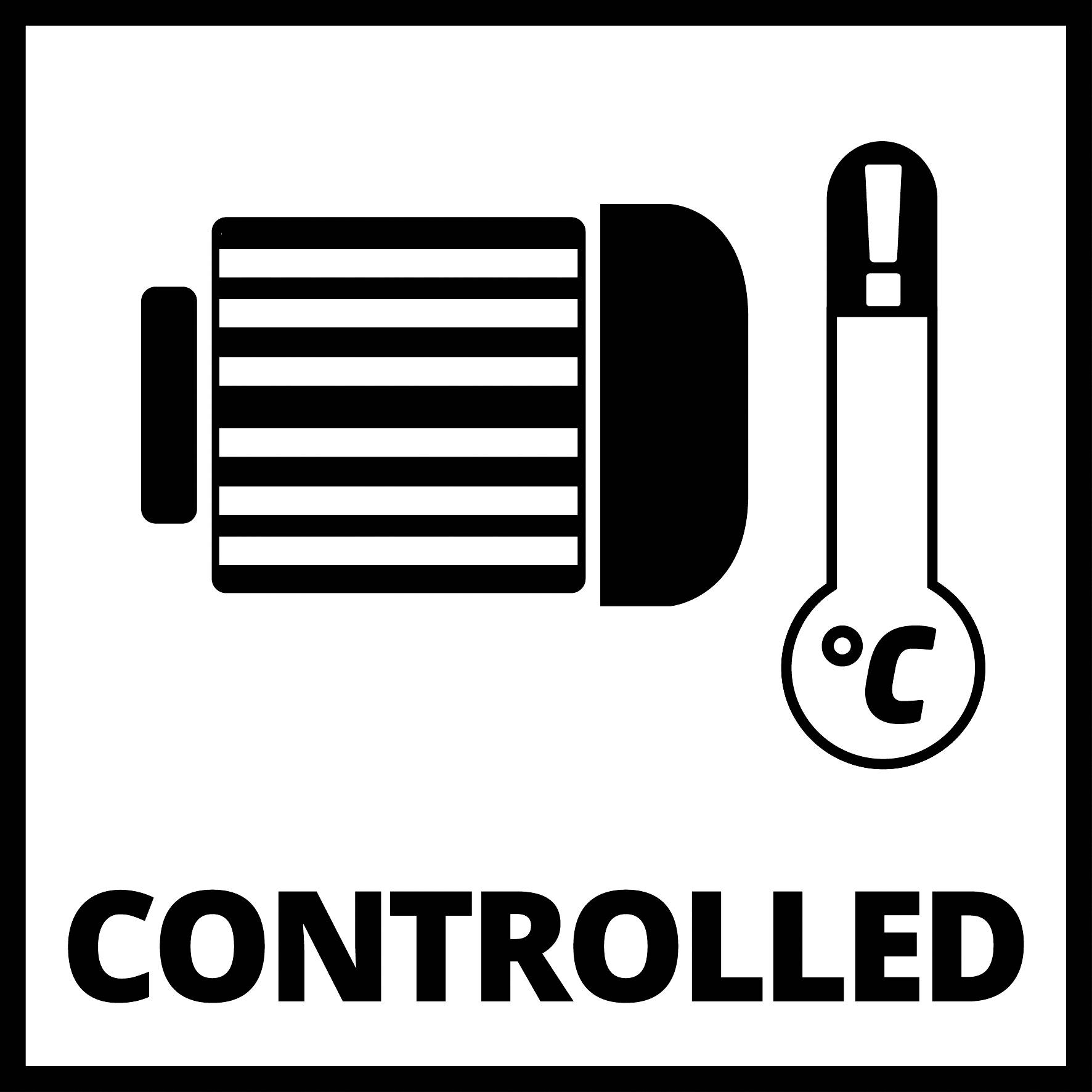 Symbol so štylizovaným zobrazením batérie a teplomera sprevádzaný slovom 'CONTROLLED' indikuje kontrolované prostredie.