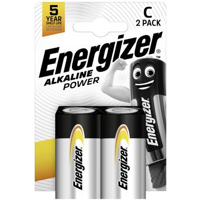 Dve batérie C značky Energizer v balení. Na zadnej strane je zobrazená kreslená maskotka batérie.