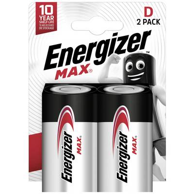 Dva kusy batérií Energizer Max D vo dvojbalení. Na obale je uvedené '10 rokov skladovateľnosti'.