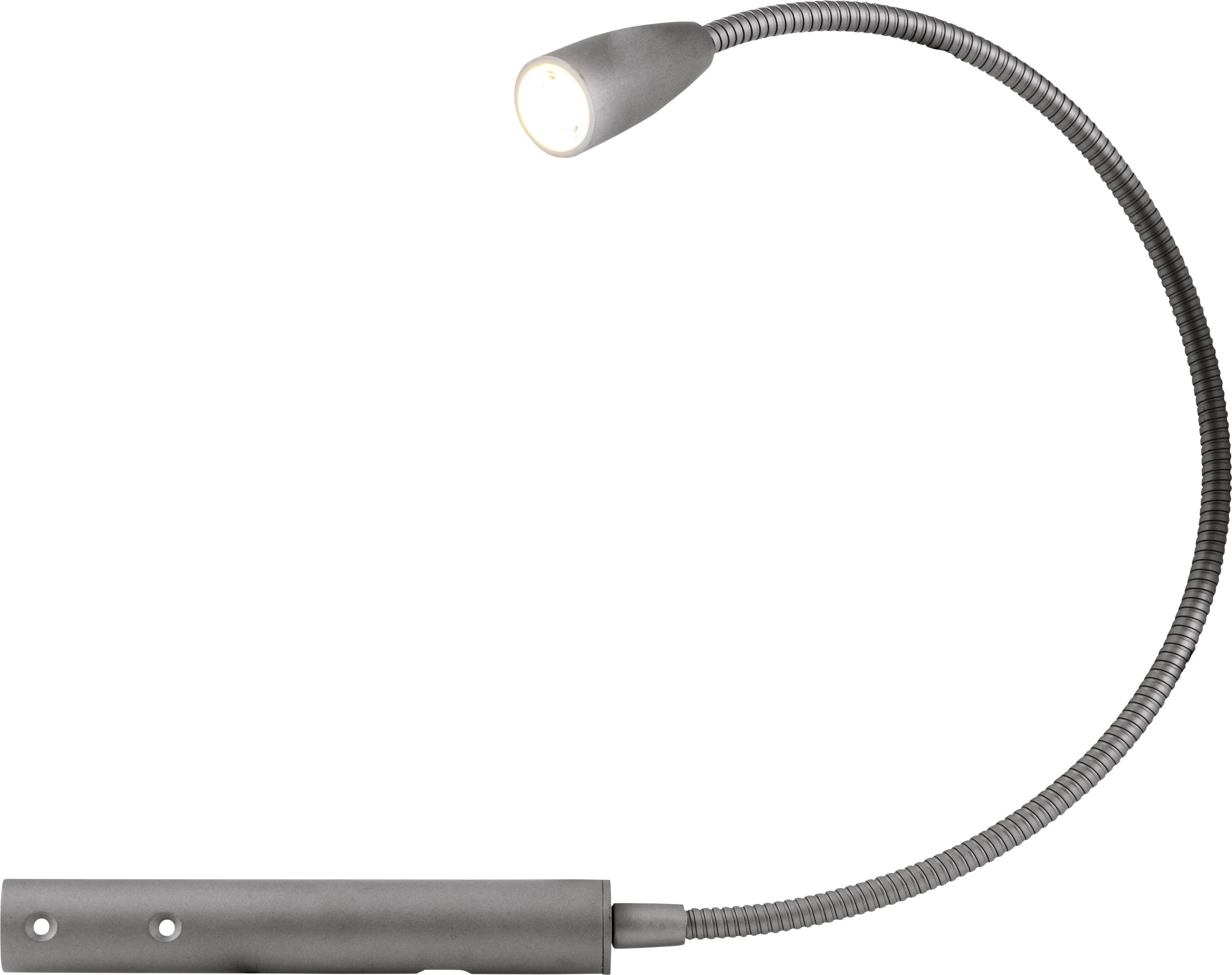Stolová lampa so flexibilným husím krkom v striebornej farbe.