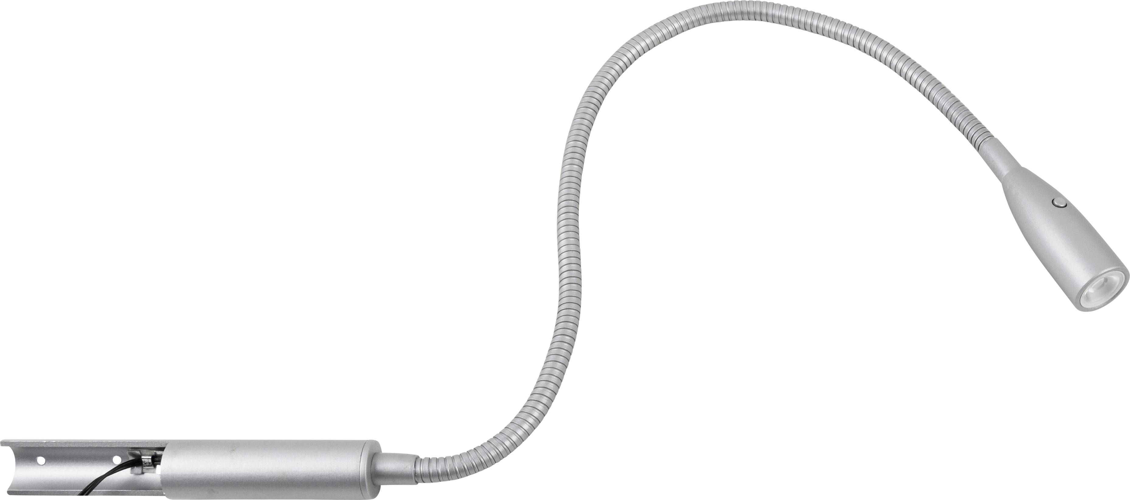 Flexibilná strieborná čítacia lampa s nastaviteľným dlhým krkom.