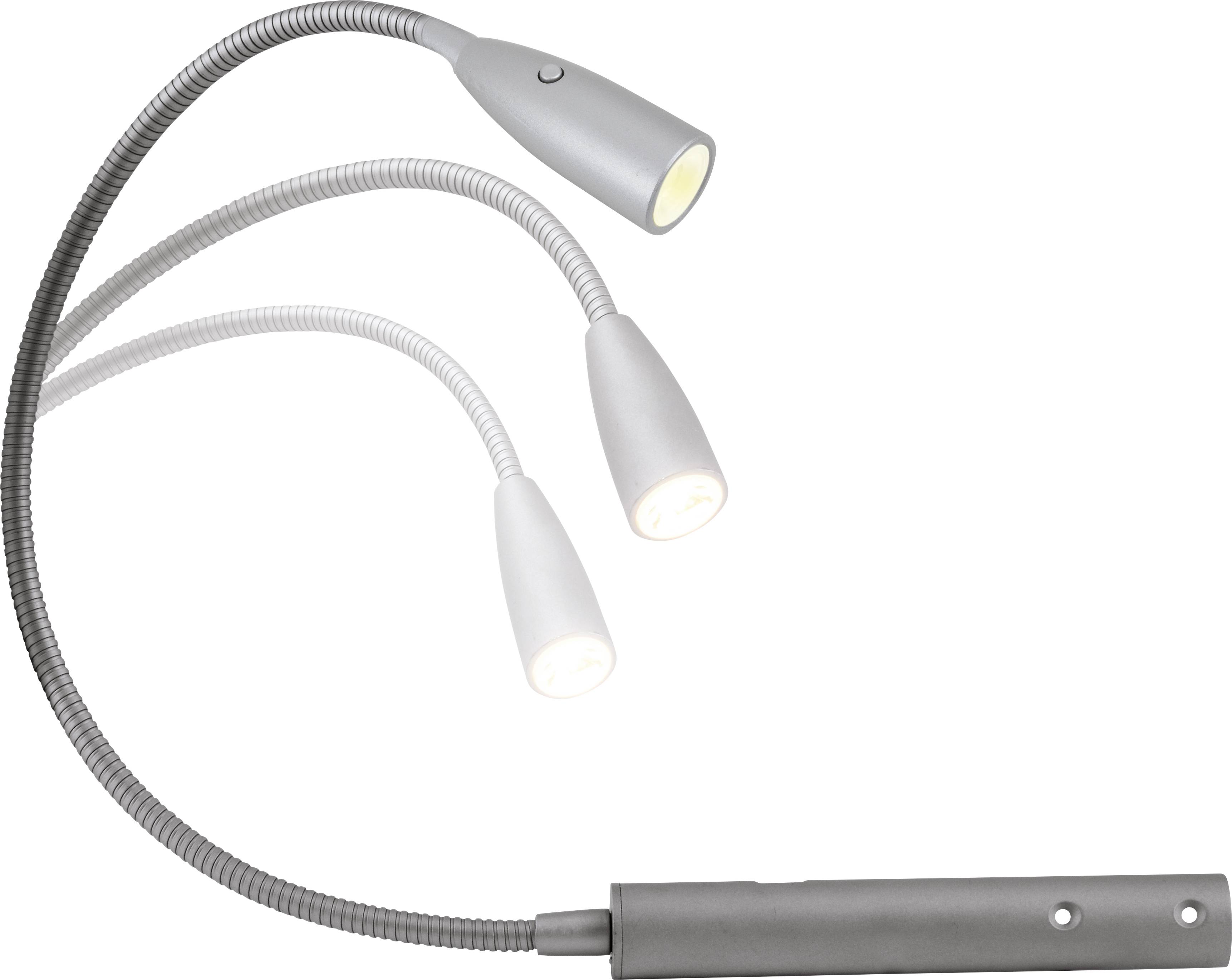 Trojramenná flexibilná LED lampa so strieborným krytom. Ramená sú ohybné, čo umožňuje smerovanie svetla do rôznych smerov.