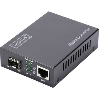 Čierny mediálny konvertor so značkou 'DIGITUS'. Disponuje prípojkami pre optické vlákno (vľavo) a Ethernet (vpravo).