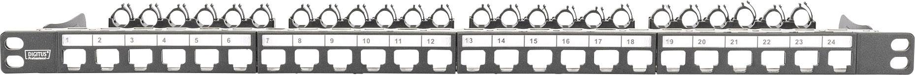 Patch panel s 24 portami RJ45, očíslovanými od 1 do 24, určený na sieťové prepojenie v serverovni alebo dátovom centre.