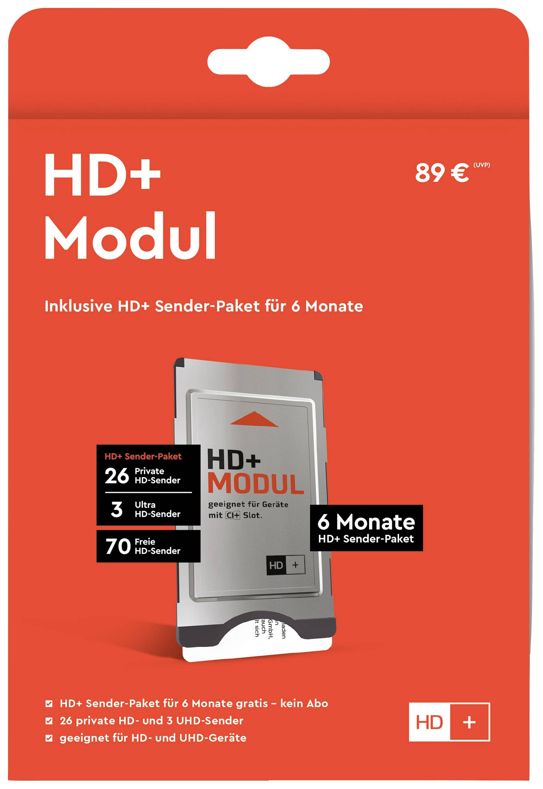 'HD+ Modul' balenie s upozornením: Vrátane 6-mesačného HD+ balíka staníc. Zobrazuje 26 súkromných a 70 voľných HD kanálov. Cena: 89 EUR.
