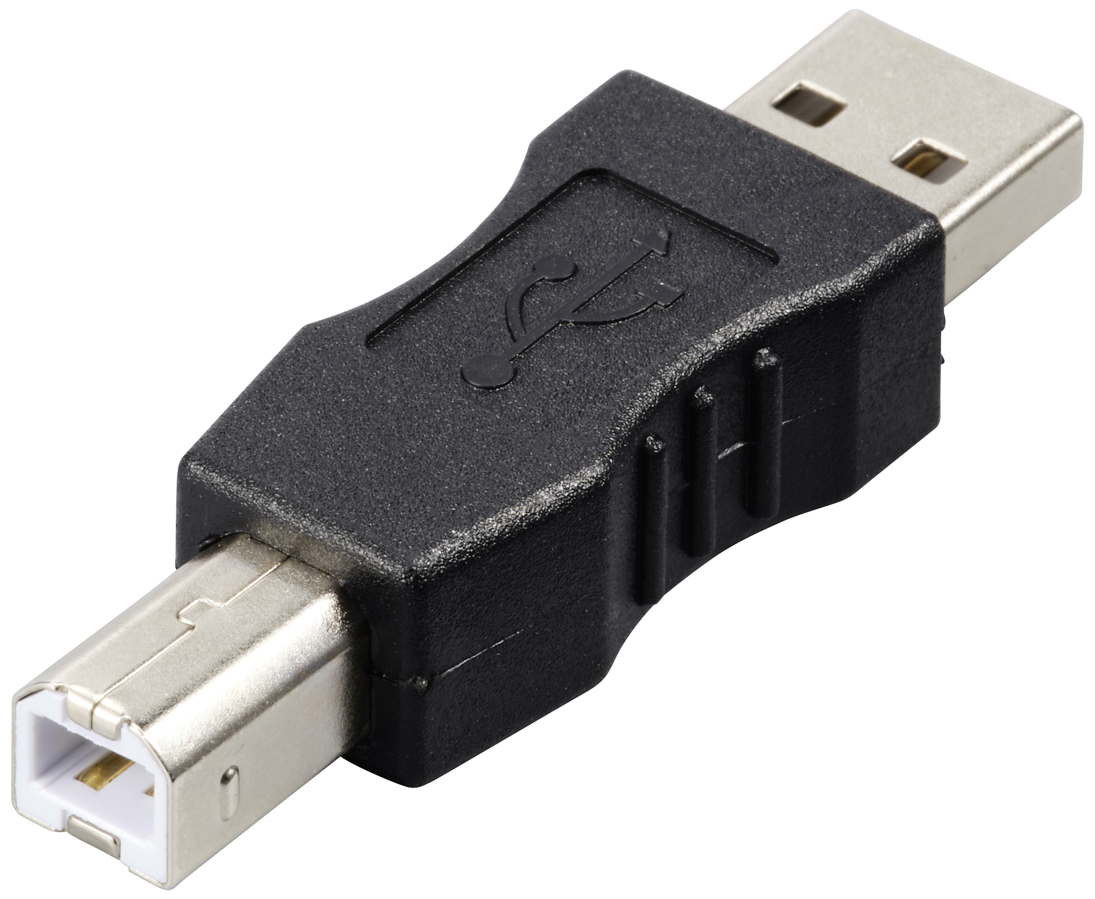 Adaptér s konektorom USB-A a zásuvkou USB-B, používaný na prepojenie zariadení ako tlačiarne s počítačom.