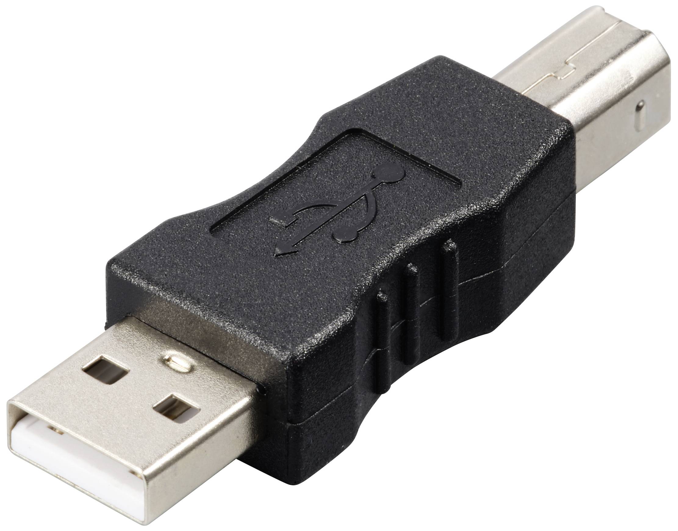 Čierny USB-A na USB-B adaptér, ktorý sa používa na prepojenie zariadení s rôznymi typmi USB konektorov.