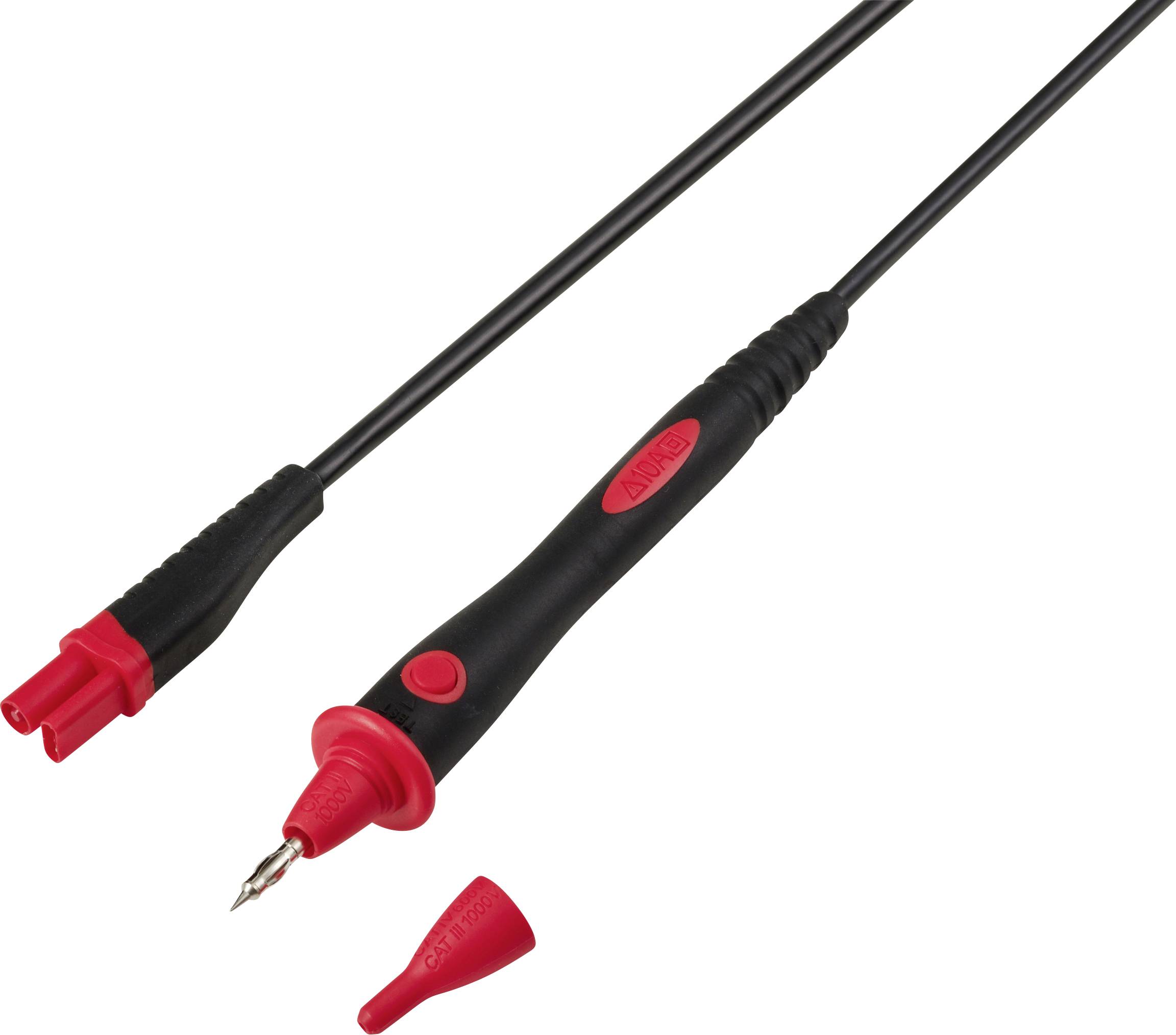 Červený a čierny elektrický meracie sondy s kovovým špicatým hrotom a odnímateľným krytom, používaný na meranie napätia alebo testovanie elektrických obvodov.