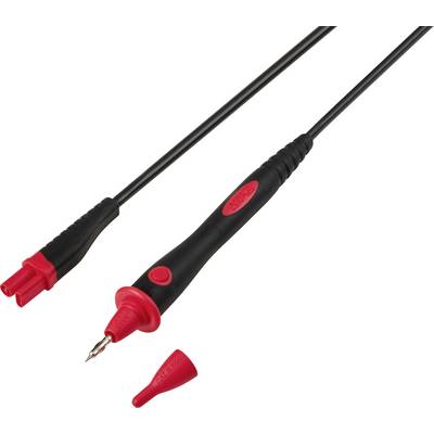 Červený a čierny elektrický meracie sondy s kovovým špicatým hrotom a odnímateľným krytom, používaný na meranie napätia alebo testovanie elektrických obvodov.