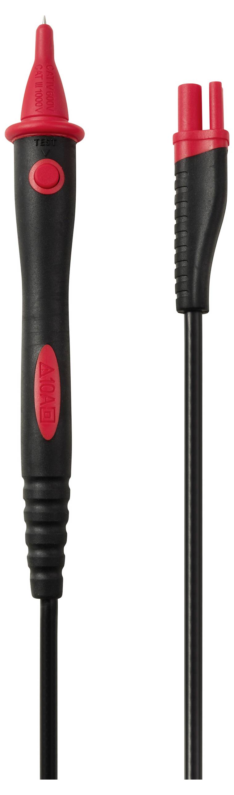 Čierna a červená elektrická sonda so špicatým hrotom a dvojitým konektorom na konci kábla.