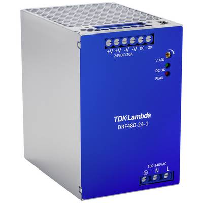 Modrý spínaný napájací zdroj so skrutkovými svorkami a LED indikátormi. Nápis 'TDK-Lambda DRF480-24-1', vhodný pre 100-240VAC.