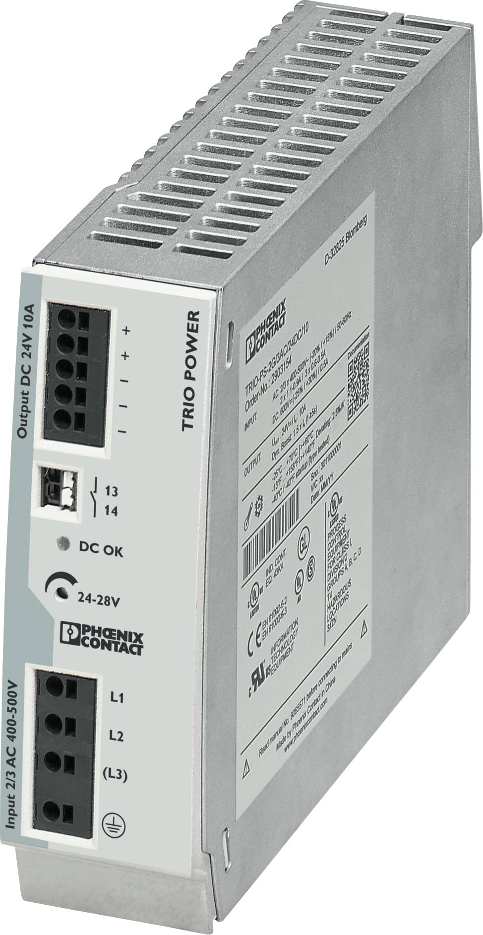 Sieťový zdroj s nápisom 'Phoenix Contact', model 'TRIO POWER'. Vstupy: 230 V AC, 600 W. Výstupy: DC 24 V, 40 A.