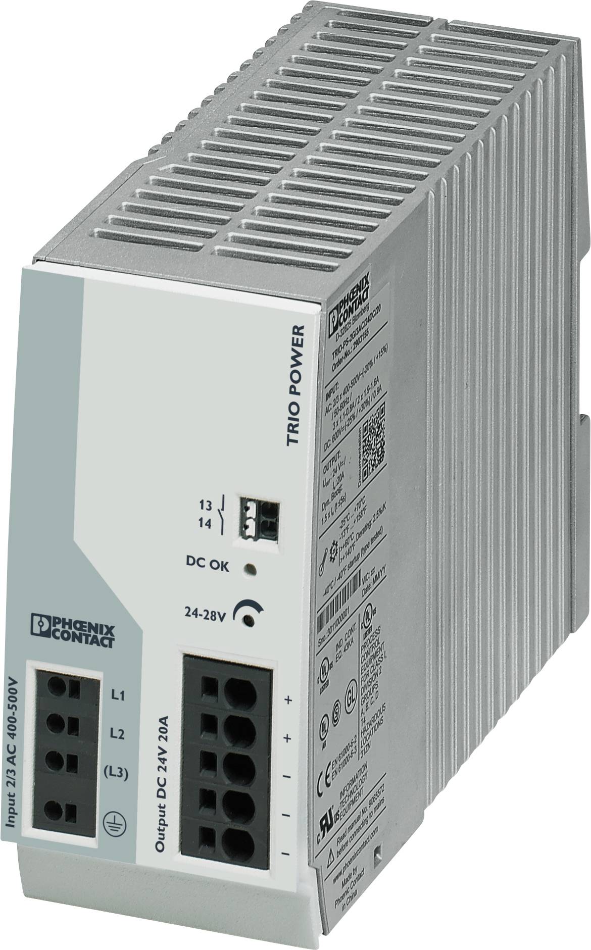 Napájací modul 'TRIO POWER' od Phoenix Contact, vstup 1AC 100-240V, výstup DC 24V, 5A. Montáž na stenu s LED indikáciou.