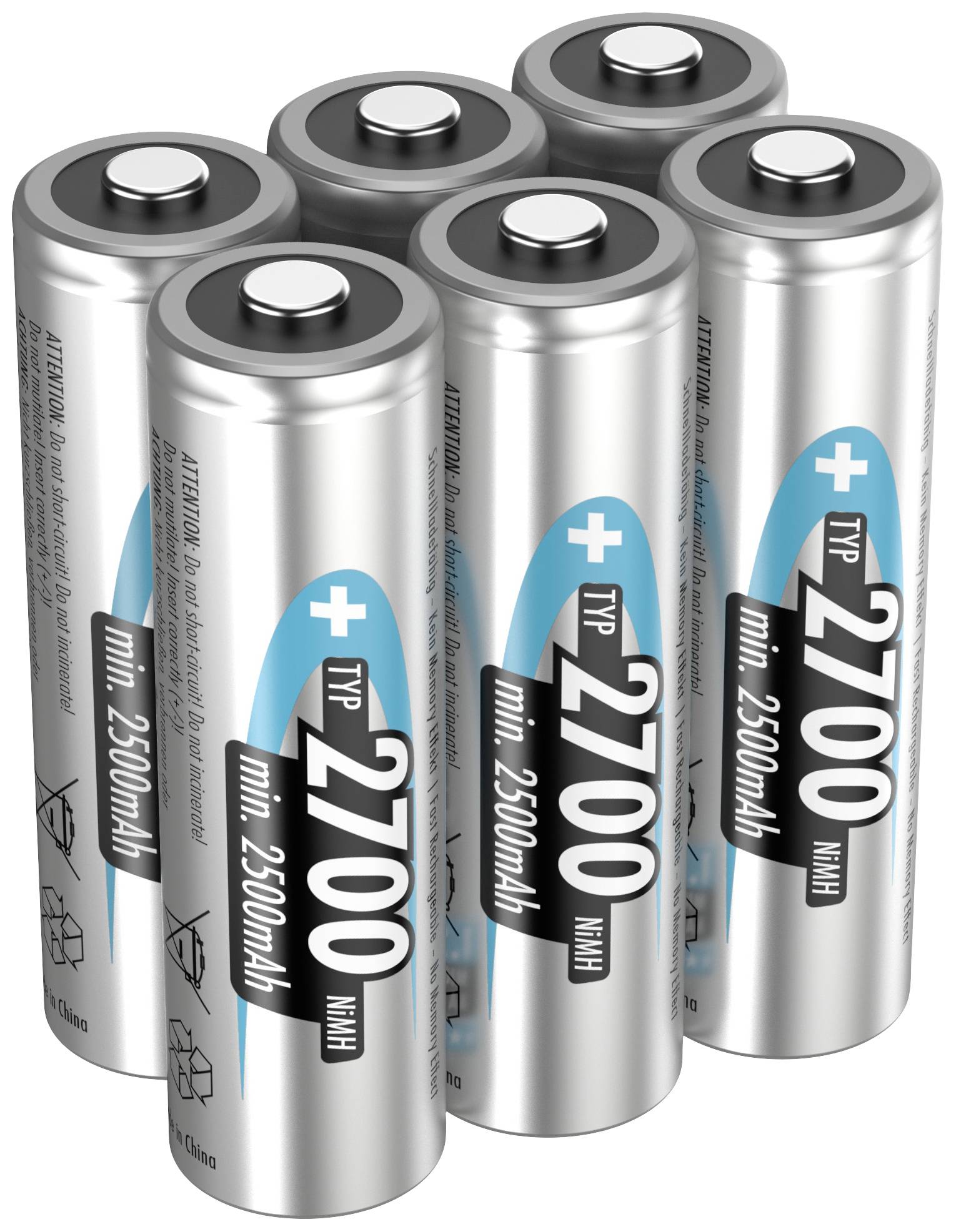 Šesť strieborných AA batérií s modrými a čiernymi štítkami, na ktorých je napísané '2700 mAh, min. 2500 mAh', stojí v skupine.