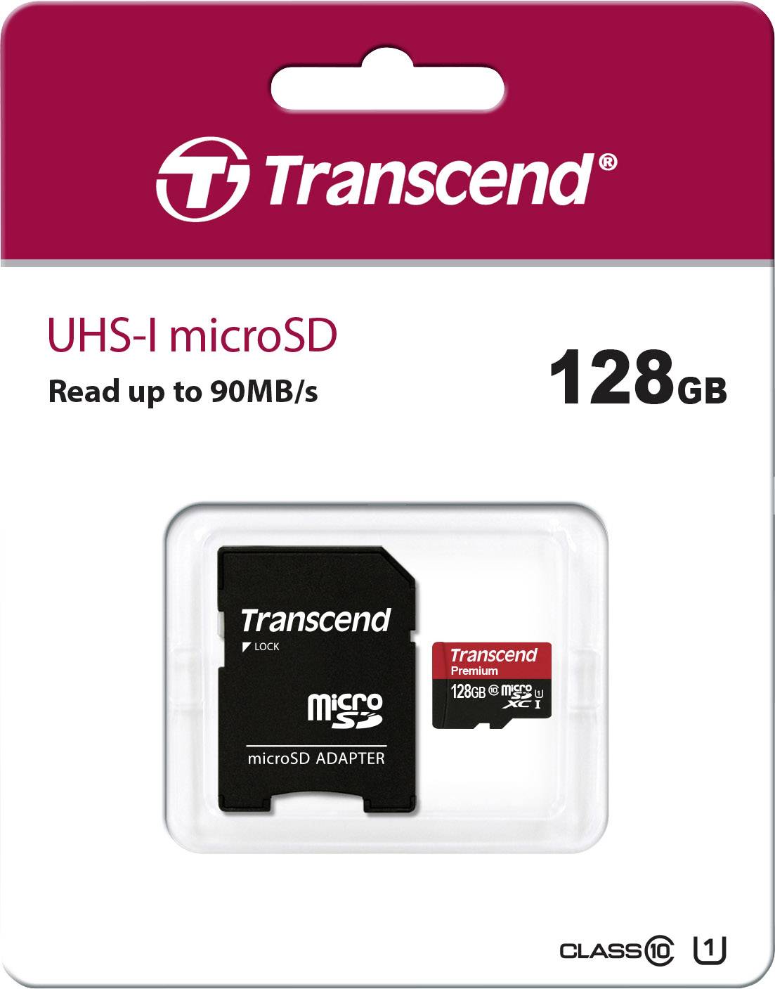 Transcend UHS-I microSD karta, 128GB, rýchlosť čítania až do 90MB/s, s adaptérom, biely dizajn obalu s červeným logom.