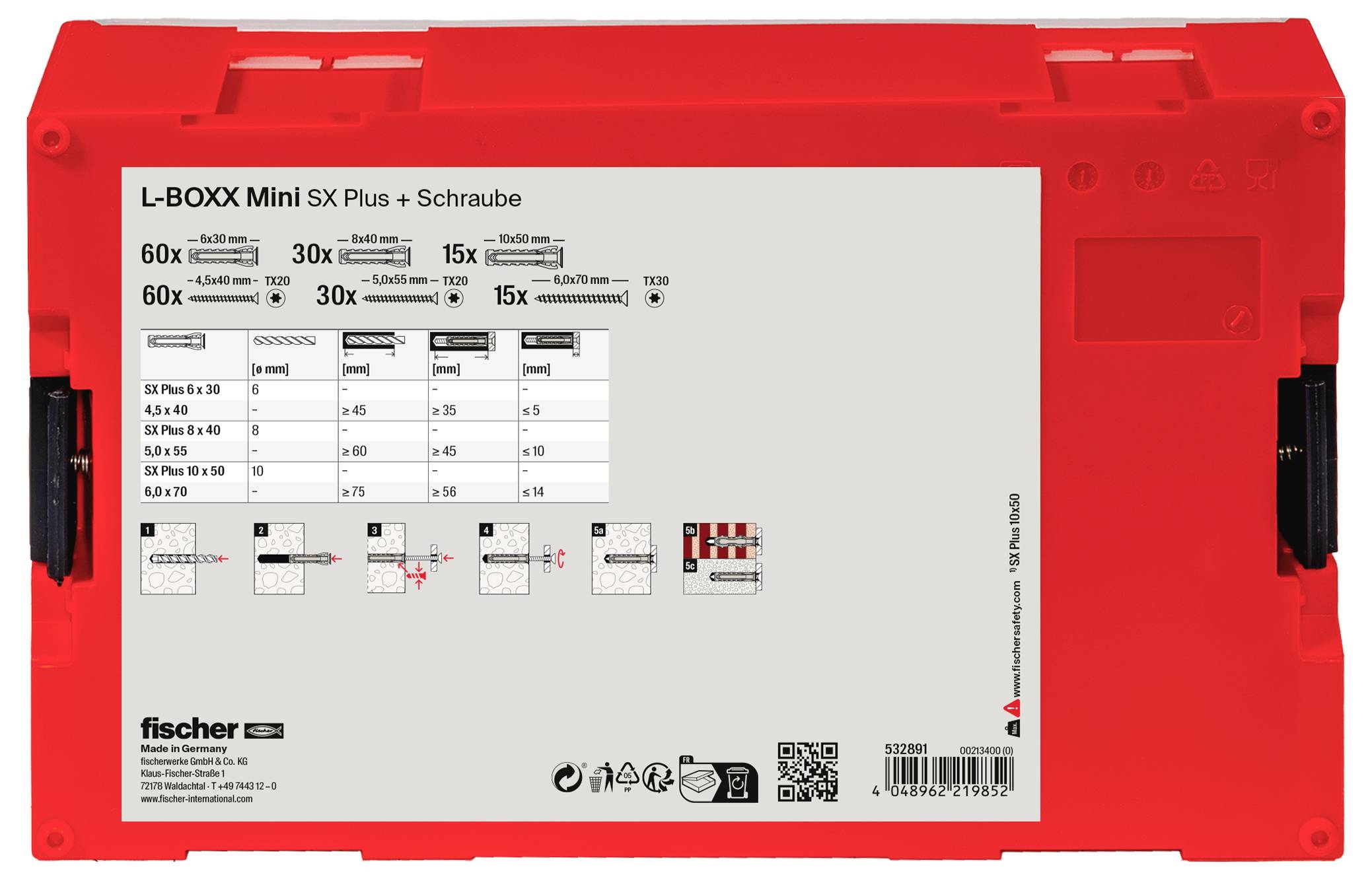 Červený kryt nástroje s etiketou: L-BOXX Mini SX Plus + skrutka. Obsahuje 60x SX 5x25, 30x SX 6x30, 15x SX 8x40 hmoždiniek a zodpovedajúce skrutky.