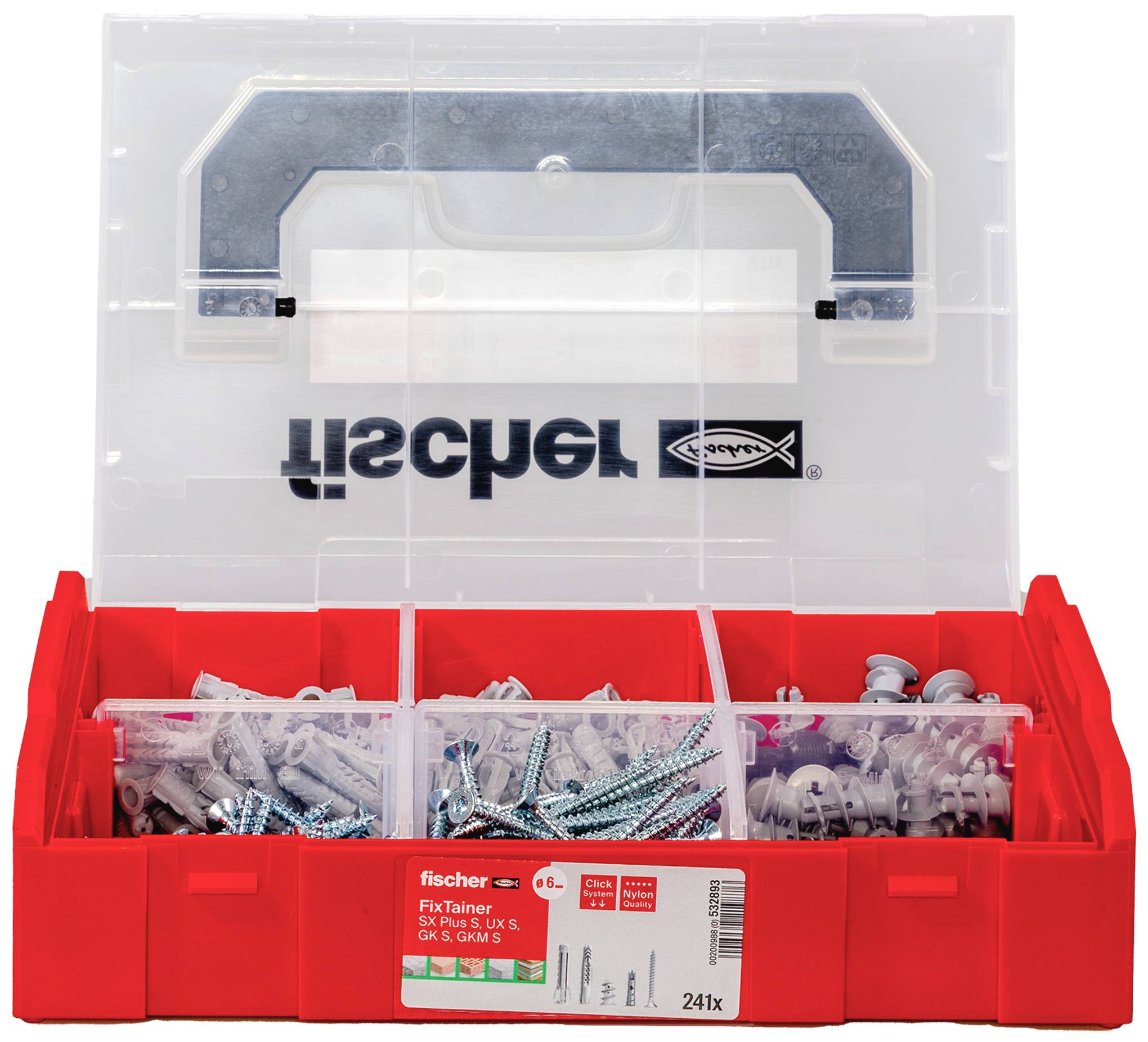 Červený plastový box s priehľadným vekom, obsahujúci rôzne skrutky a hmoždinky, označený etiketou 'fischer FixTainer'.