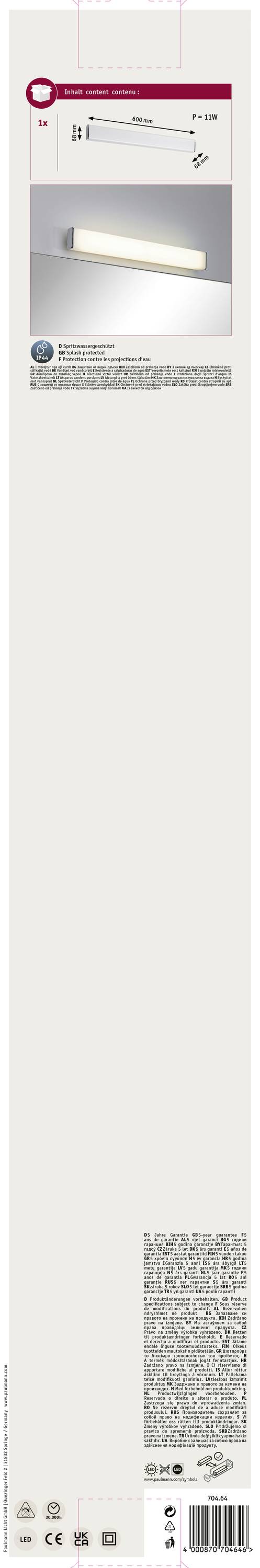 Balenie LED podskrinkovej lampy v bielej farbe, s obrázkom výrobku, technickými parametrami a bezpečnostnými certifikátmi.