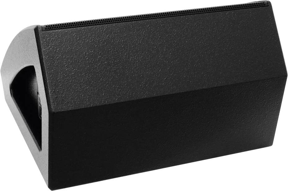 Čierny, lichobežníkový reproduktor s otvorom na rukoväť na boku, určený na ozvučenie priestorov alebo pódia.