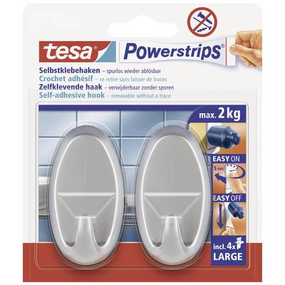 Balenie Tesa Powerstrips s dvomi samolepiaci háčikmi, maximálna nosnosť 2 kg. Návod v štyroch jazykoch.