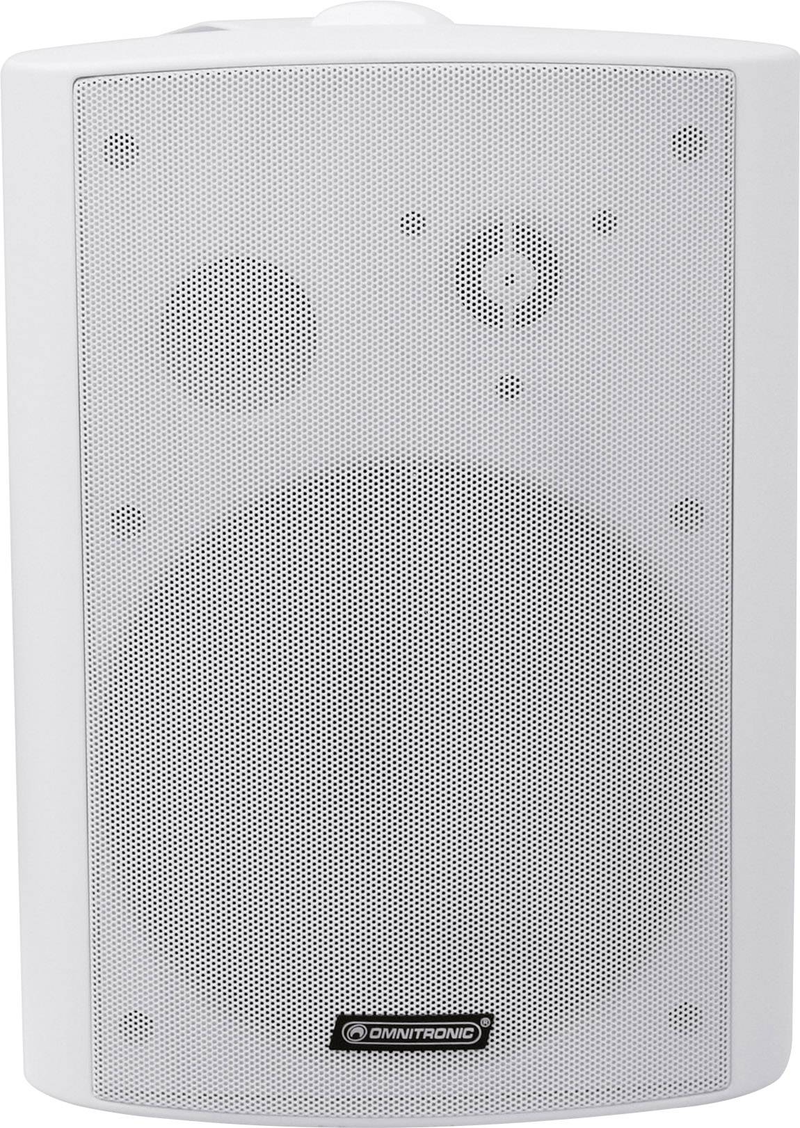 Biely reproduktor s mriežkou na prednej strane, vhodný do interiéru aj exteriéru.