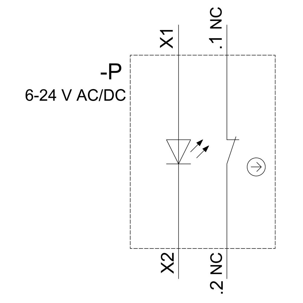 Schéma zapojenia relé s LED indikáciou. Označené: X1, X2, 6-24 V AC/DC, 1 NC, 2 NC. Obsahuje symbol diódy a cievky.