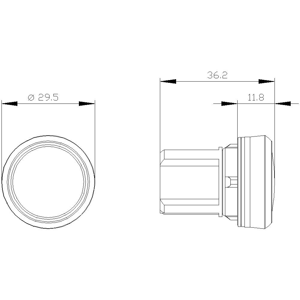 Technický výkres valcovitého objektu s priemerom 29,5 a dĺžkou 36,2 milimetrov. Pohľad z boku zobrazuje niekoľko stupňov.