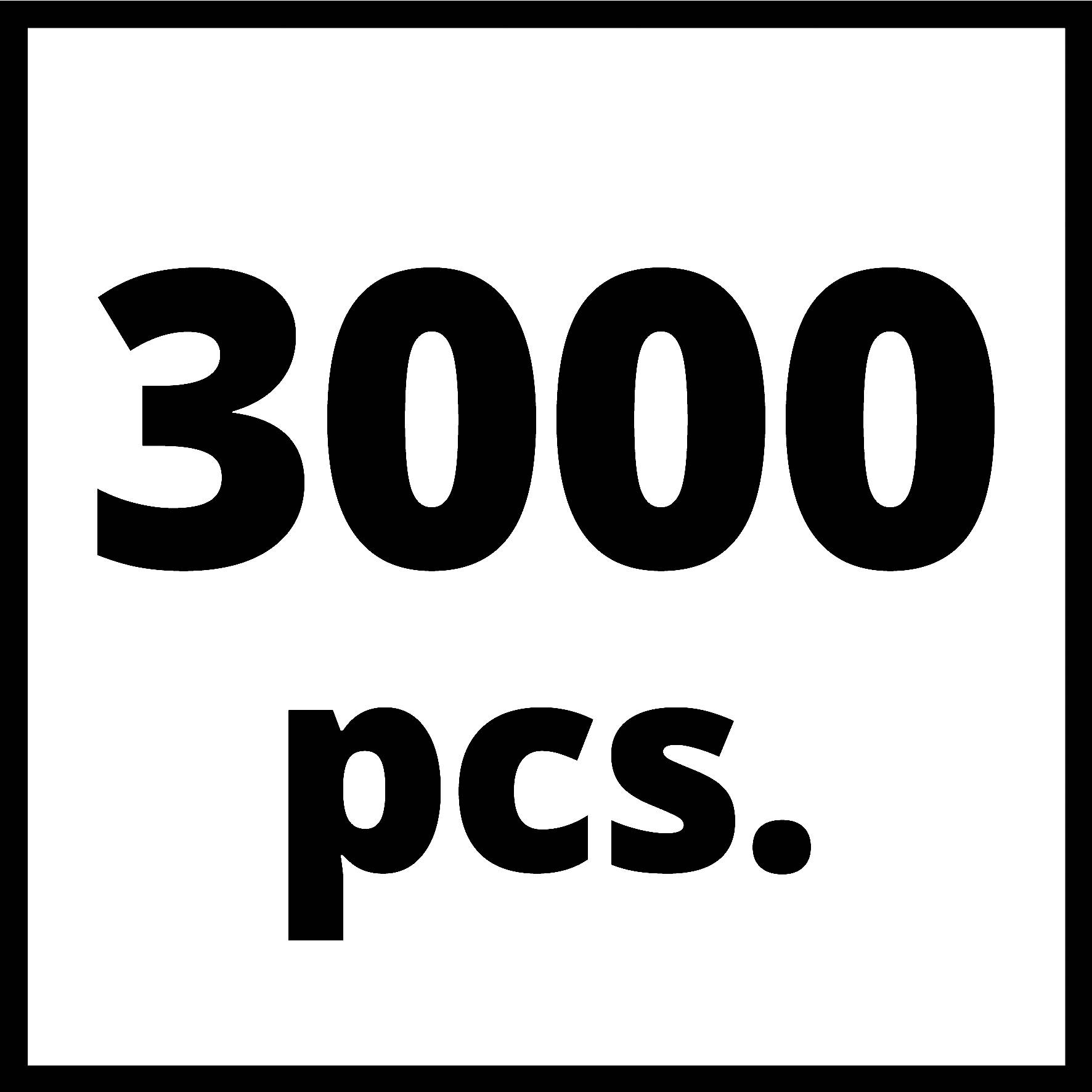Na bielom pozadí je veľkým čiernym písmom napísané „3000 ks".