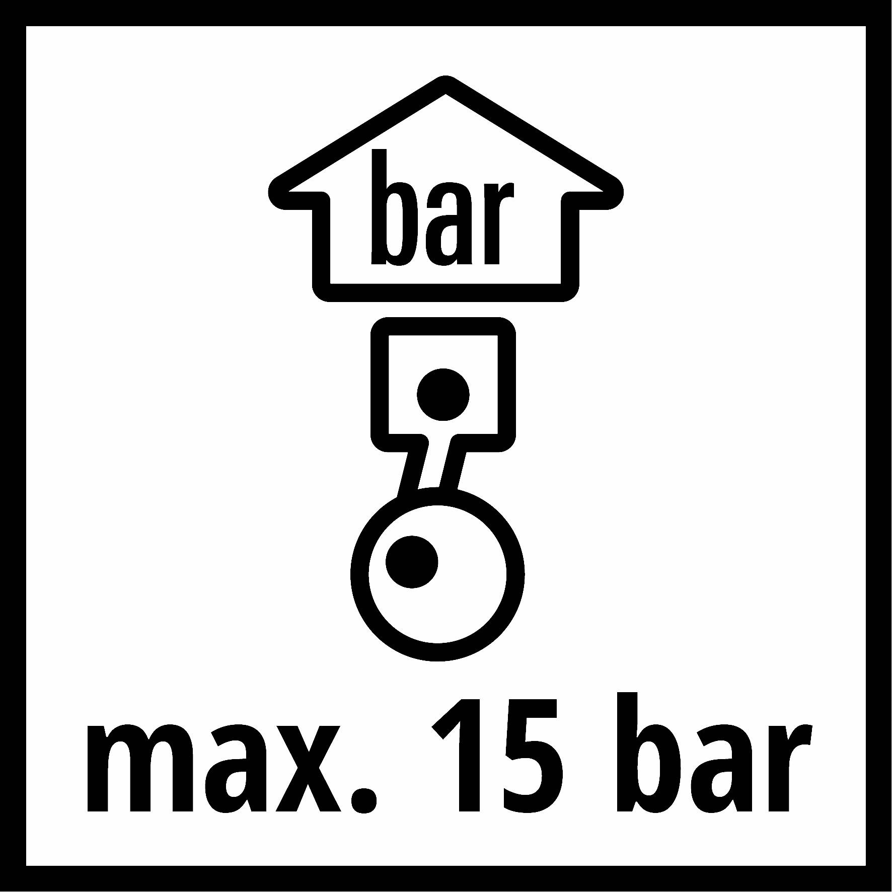 Obrázok zobrazuje symbol s domčekom a nápisom 'bar' spolu s poznámkou 'max. 15 bar'.