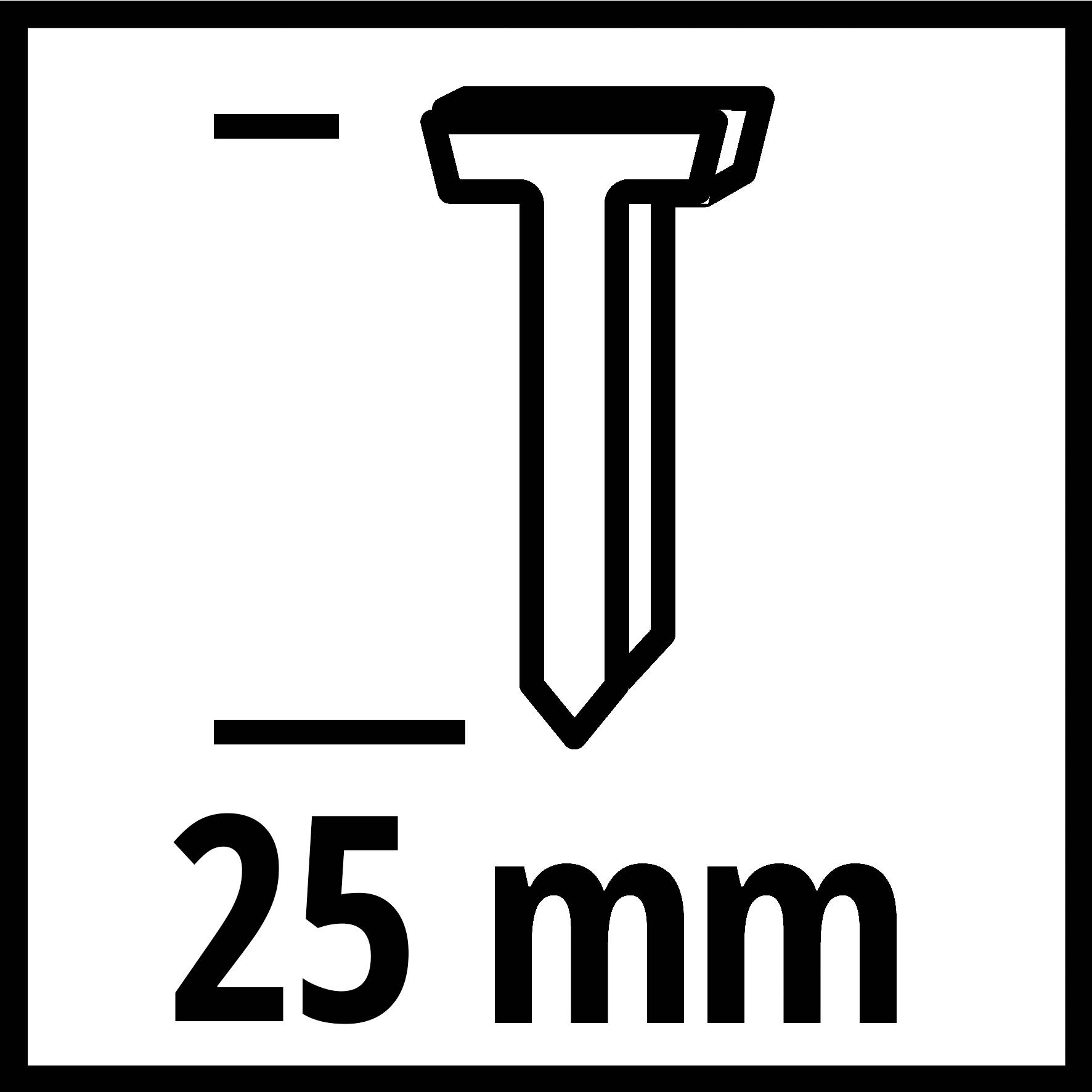 Symbol znázorňujúci klinec s nápisom '25 mm', ktorý uvádza veľkosť alebo dĺžku klinca.