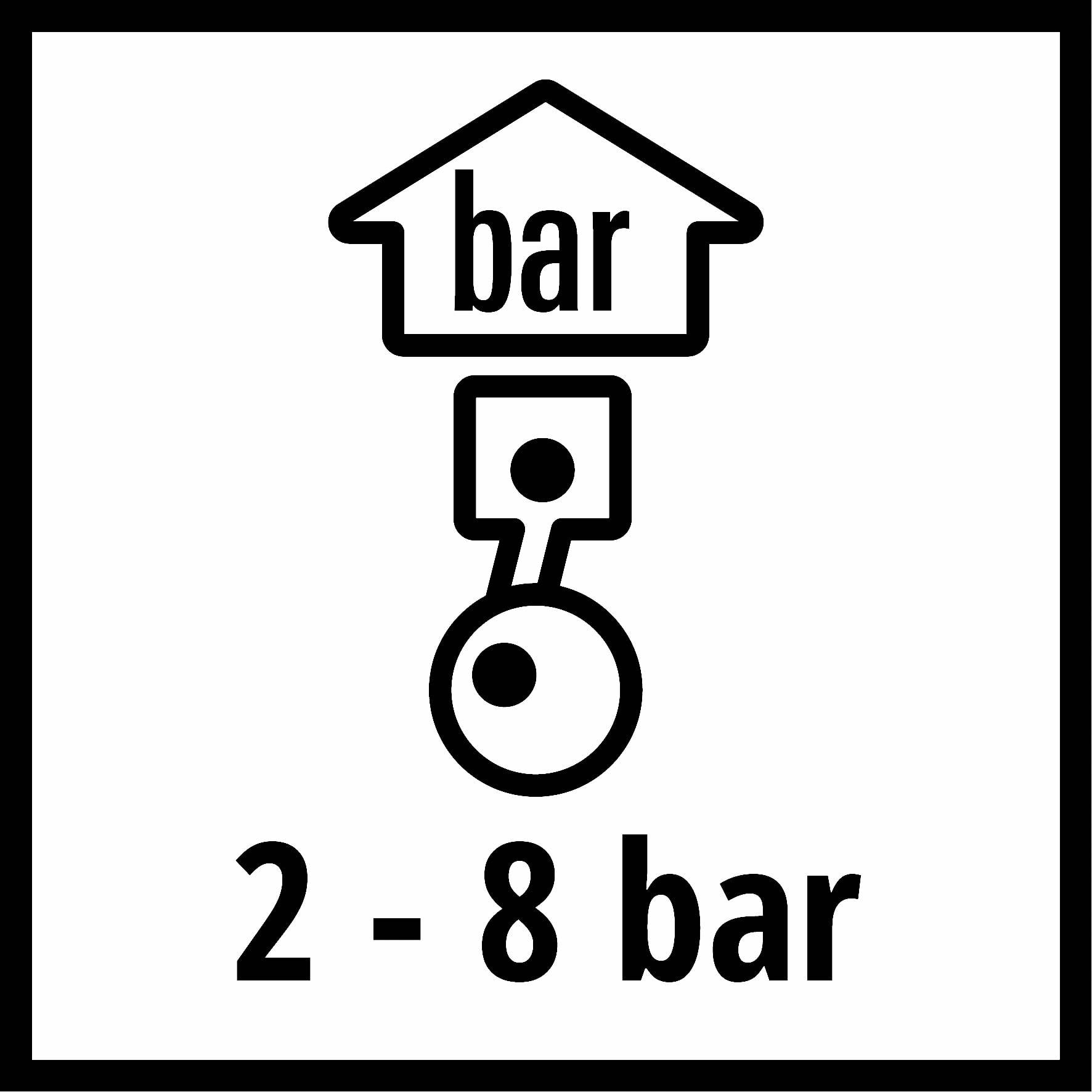 Symbol tlaku s domom, valcom a textom '2 - 8 bar'.