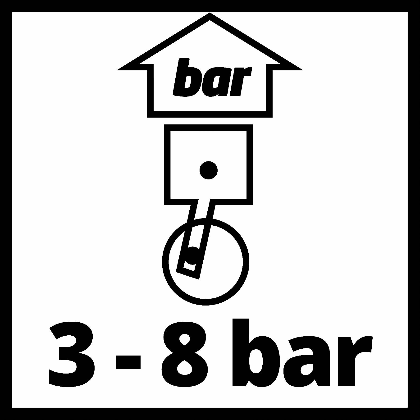 '3 - 8 bar' v štylizovanej grafike s piestom v valci. Hore je napísané 'bar'. Znázorňuje prevádzkový tlakový rozsah.