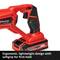 'Einhell' Akumulátorový vŕtací skrutkovač s ergonomickým dizajnom a mäkkým úchopom pre pevný úchop, červeno-čierny. Text: 'Ergonomický, ľahký dizajn s mäkkým úchopom pre pevný úchop'.