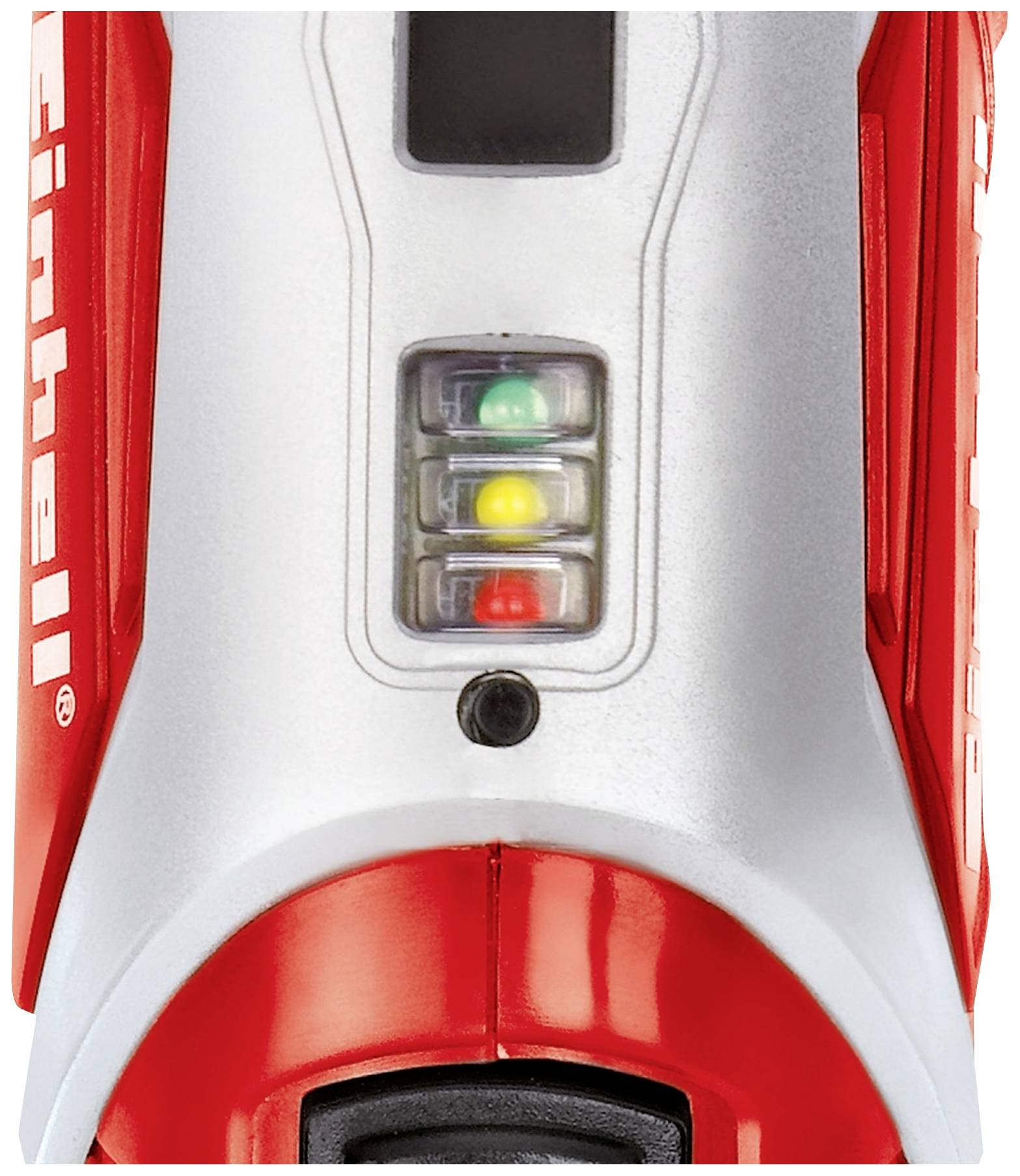 Detailný záber displeja batérie s tromi LED indikátormi: zelená pre plné nabitie, žltá pre stredné nabitie, červená pre nízke nabitie.