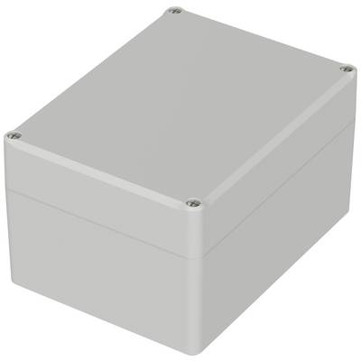 Sivý plastový box so skrutkami v rohoch, na neutrálnom pozadí.