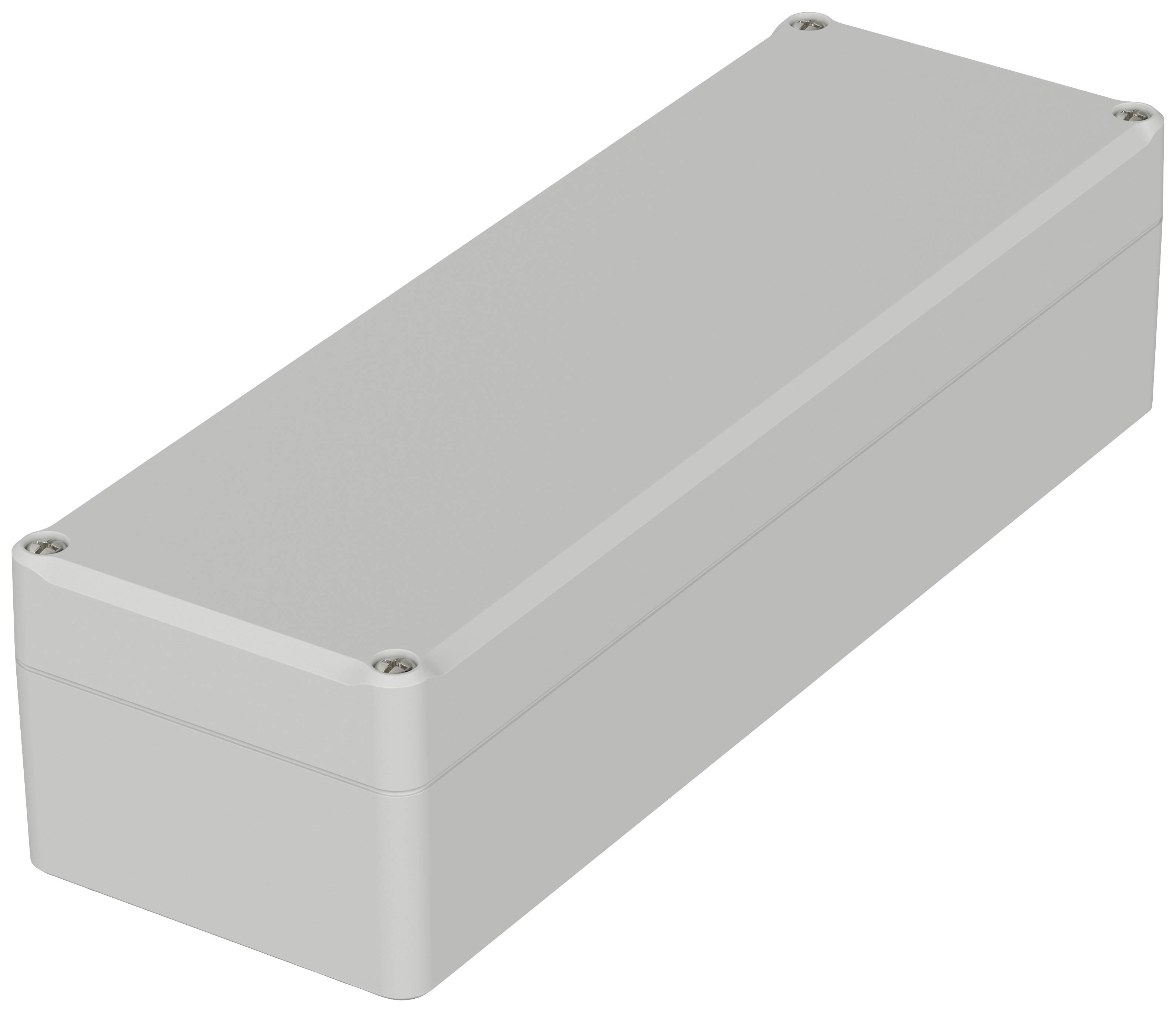 Pravouhlý sivý plastový kryt so skrutkami na rohoch, vhodný na ochranu elektroniky alebo káblov.