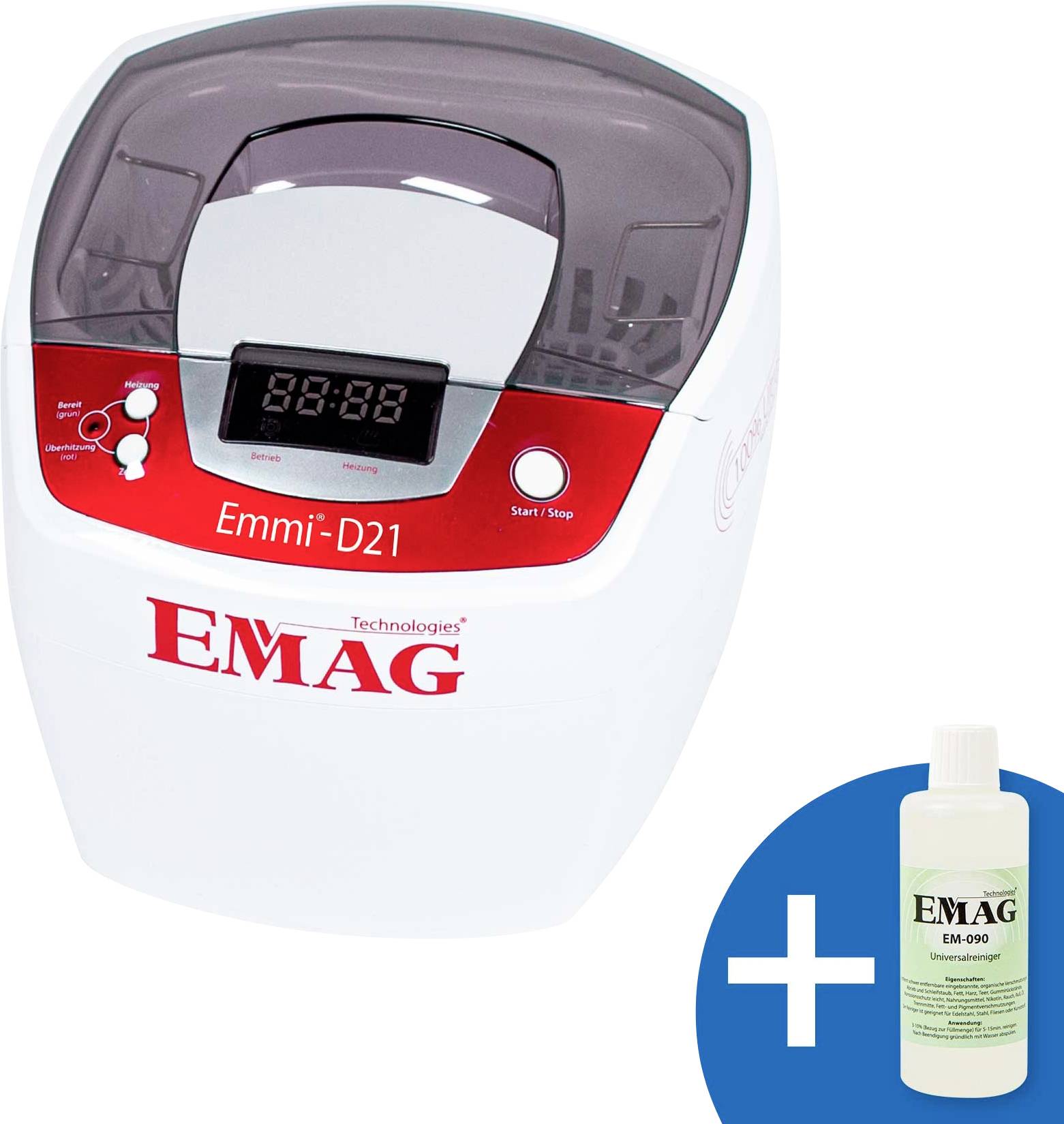 EMAG Emmi-D21 ultrazvukový čistič s digitálnym displejom, zobrazený s fľašou čistiaceho roztoku EMAG.