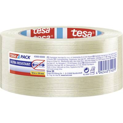Kotúč priehľadnej lepenky značky Tesa s nápisom 'Ultra Resistant'. Obsahuje informácie o balení a produkte.