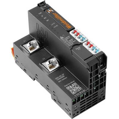 Priemyselný elektronický modul s viacerými sieťovými konektormi, farebnými konektormi a QR kódom na boku.