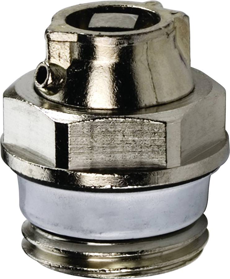 Detailný záber kovového ventilu používaného v inštalatérstve, s šesťhrannou základňou a valcovitým vrchom s malým vystupujúcim prívodom potrubia.