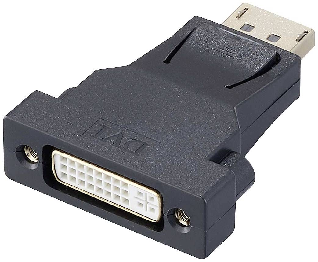 Čierny adaptér s DVI vstupom na jednej strane a DisplayPort zástrčkou na druhej strane.