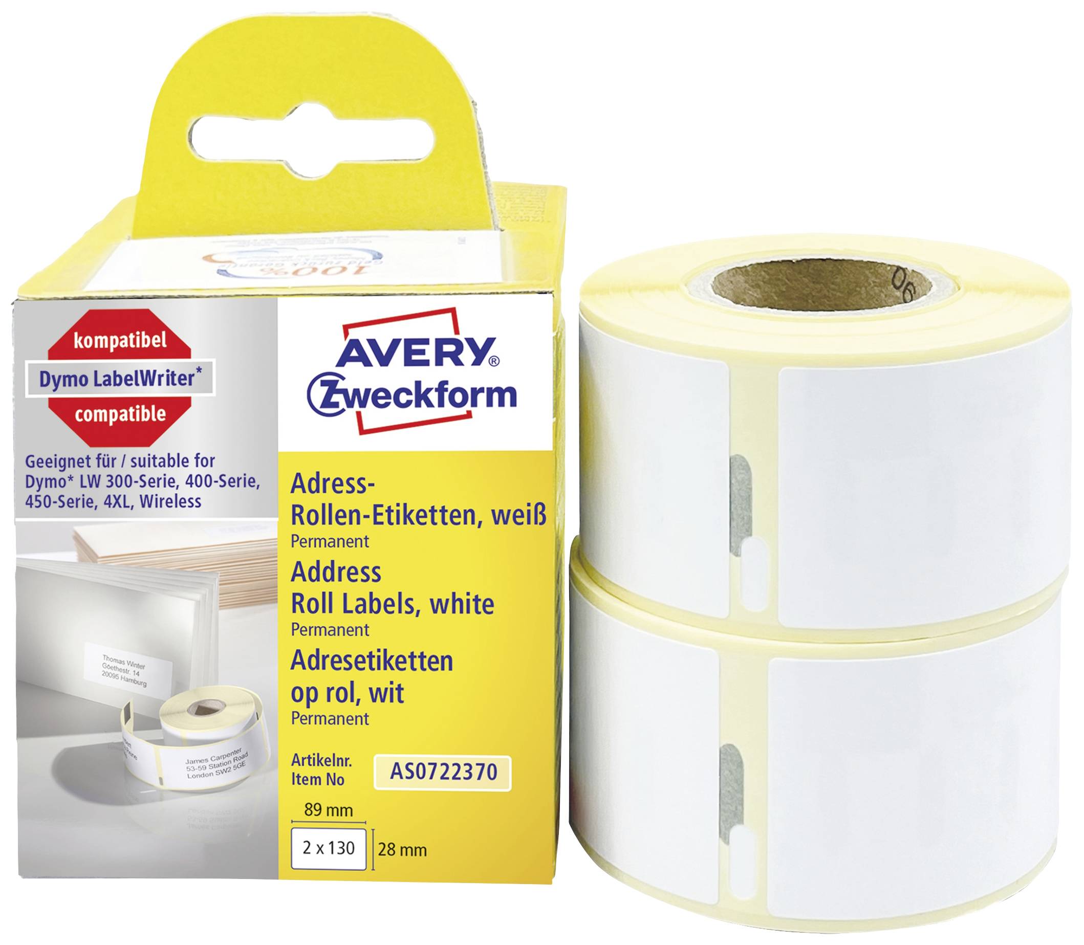 Avery-Zweckform AS0722370 Rotolo di etichette 82 x 28 mm Carta Bianco 260 pz. A tenuta permanente Etichetta per indirizzo